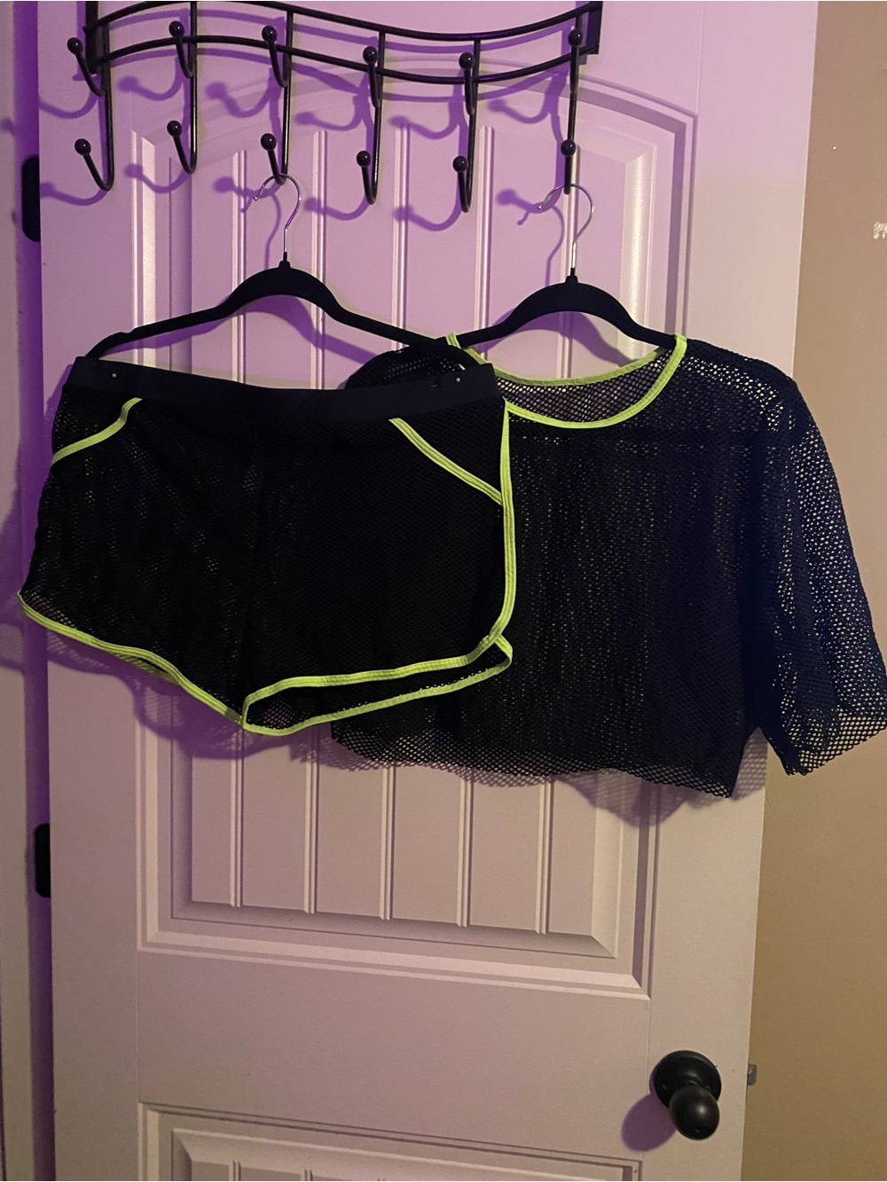 Black Mesh Cropped Tee & Swim Set with Neon Green Trim